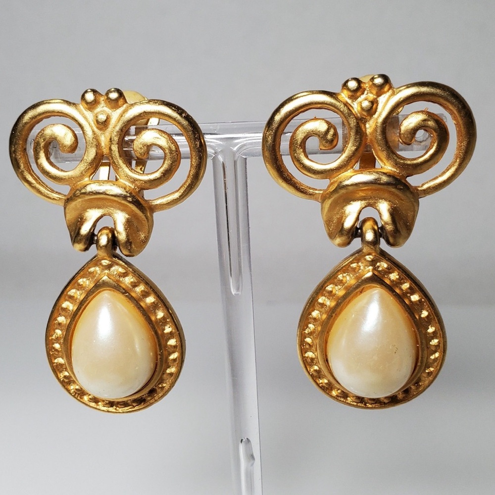 Etruscan revival pearl dangle earrings